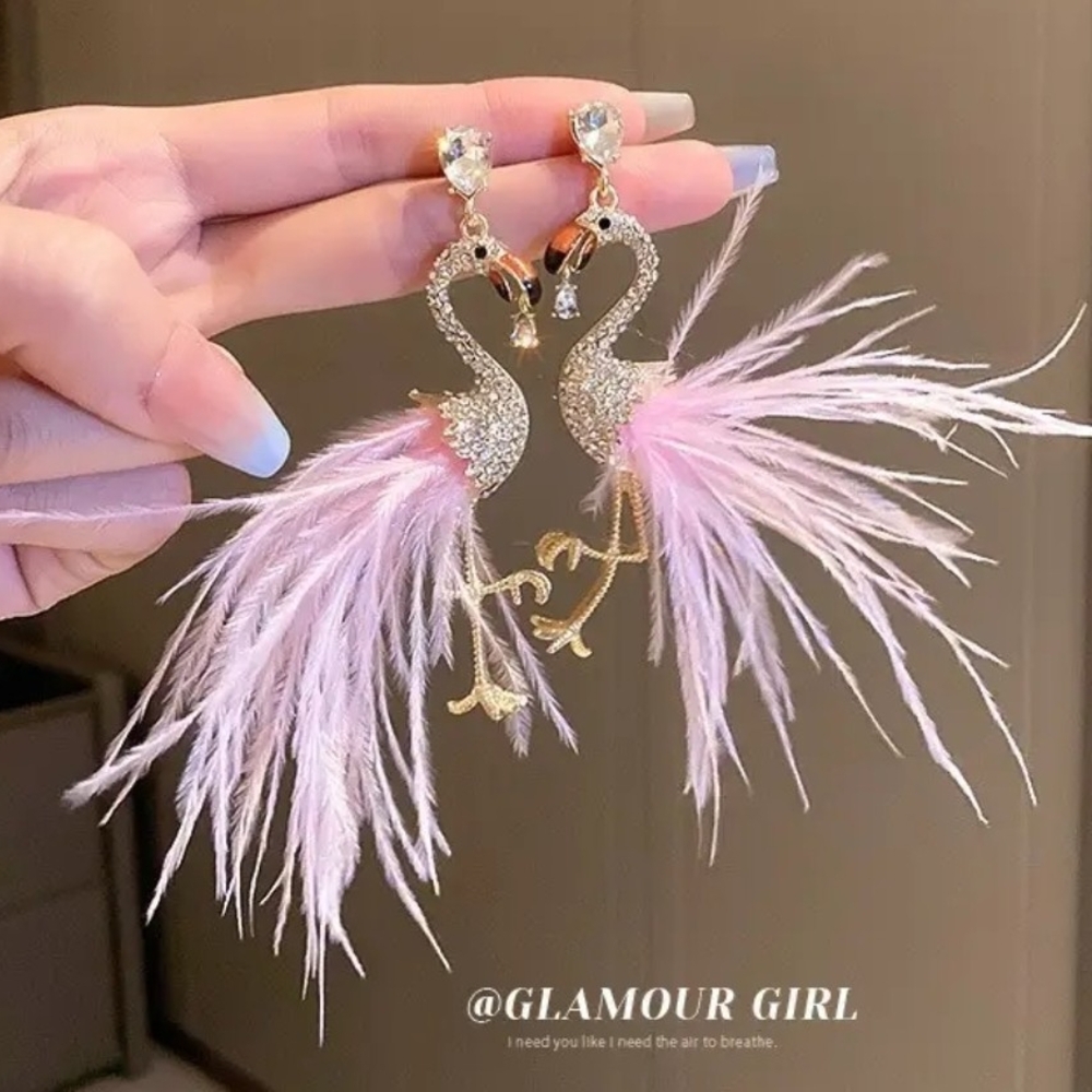 Glamour Sparkling Flamingo Earrings with Pink Feathers